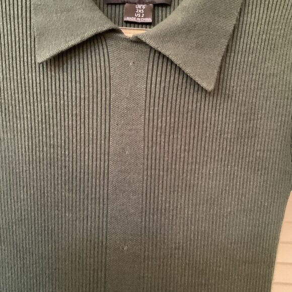 Collectif Vintage Green Ribbed Short Sleeve Knit MIDI Dress Collar, Size 2 - Picture 8 of 16